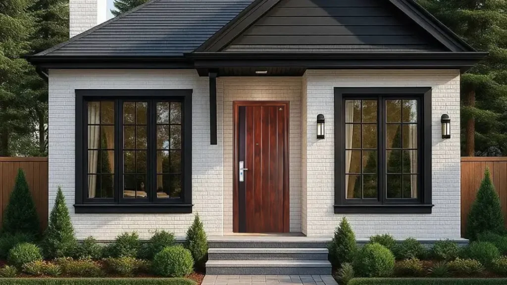 Fasad Rumah dengan Model Pintu Minimalis dari Kayu 1 Pintu