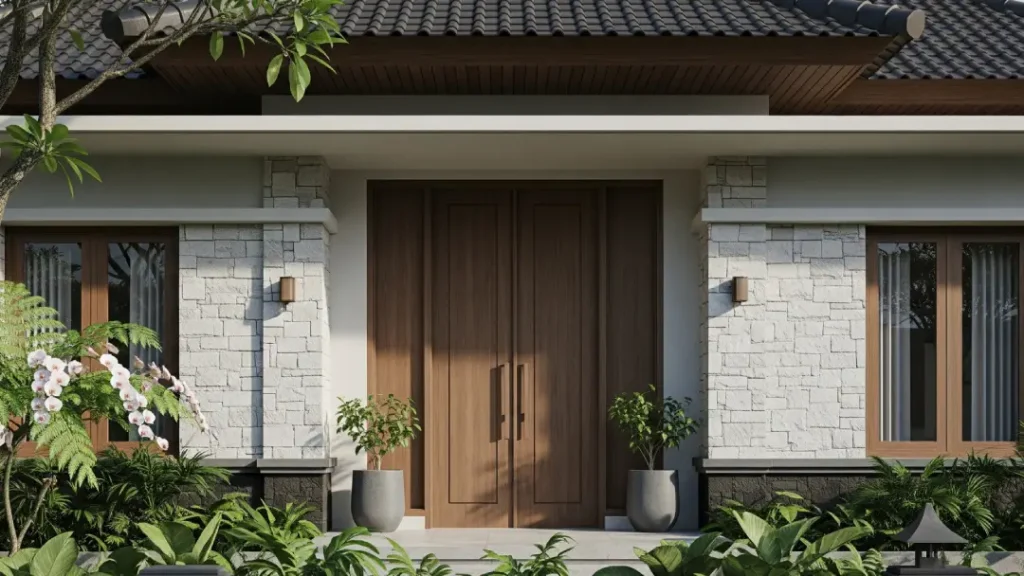 Fasad Rumah dengan Pintu Minimalis dari Kayu 2 Pintu