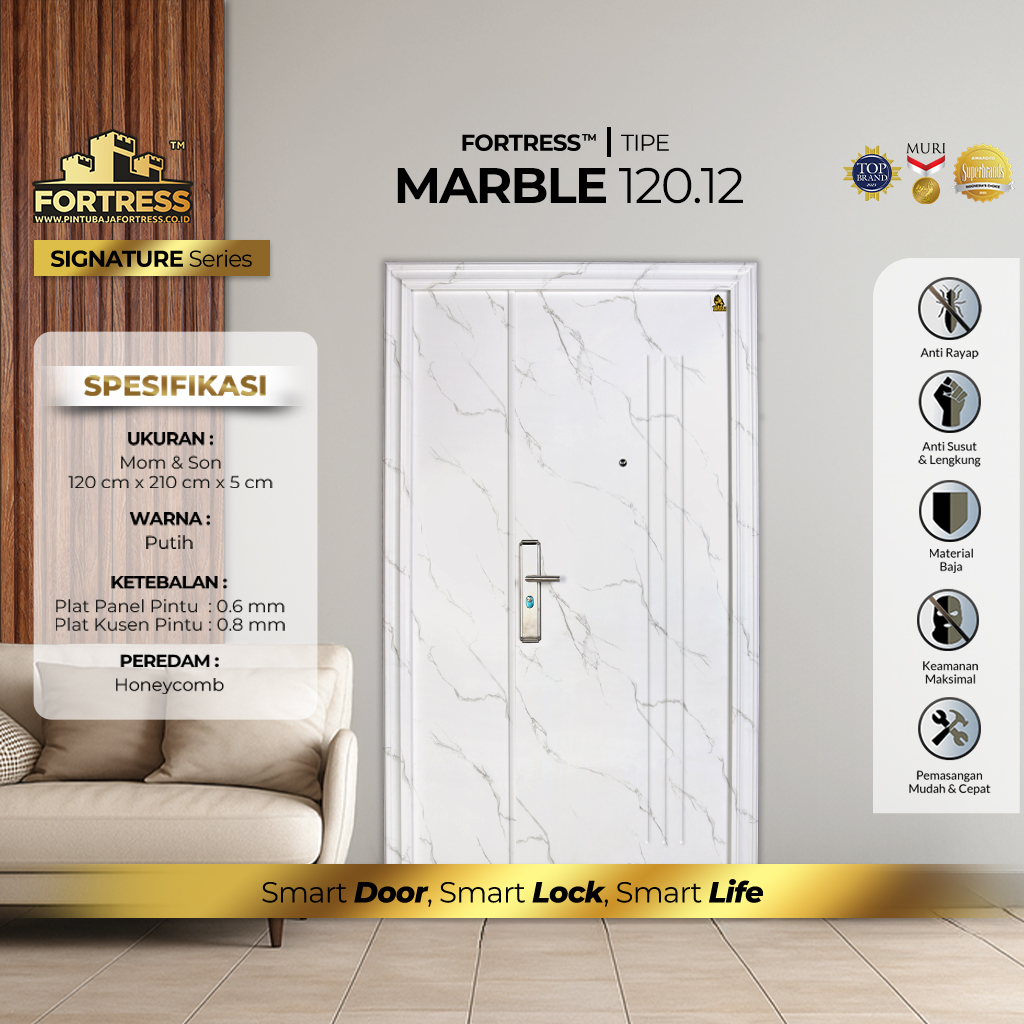 Pintu baja fortress tipe marble 120.12 minimalis 2 daun besar kecil
