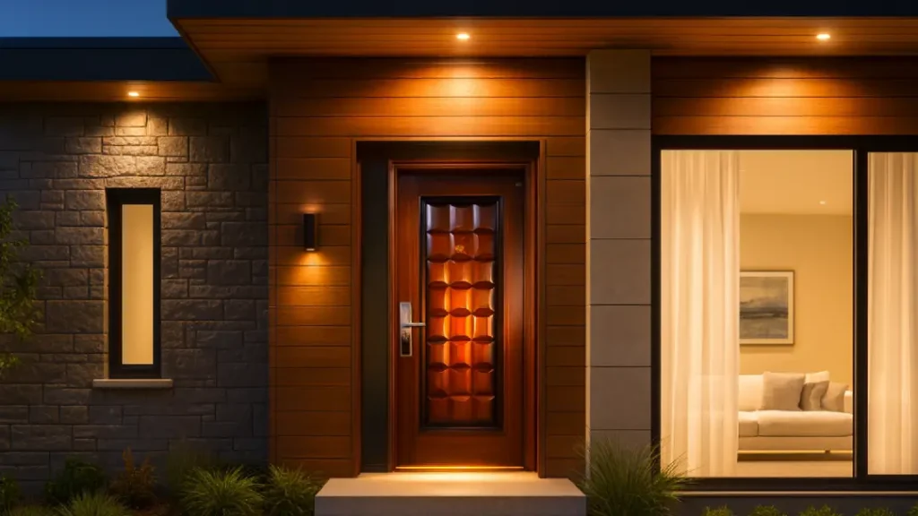 pintu rumah depan dengan pintu baja fortress motif kayu