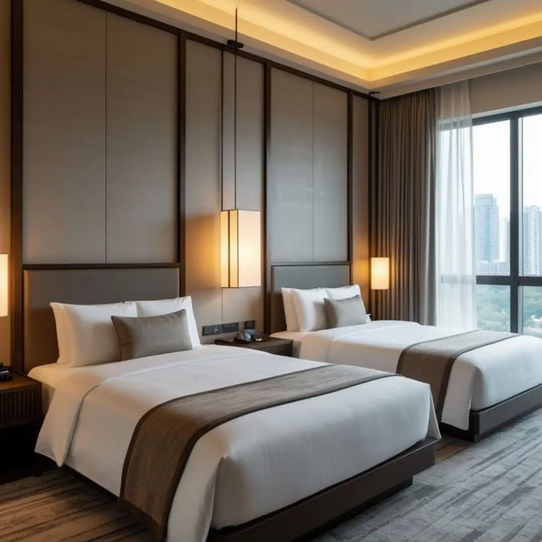 Kamar Hotel dengan Dinding Abu-abu dan Lantai Kayu