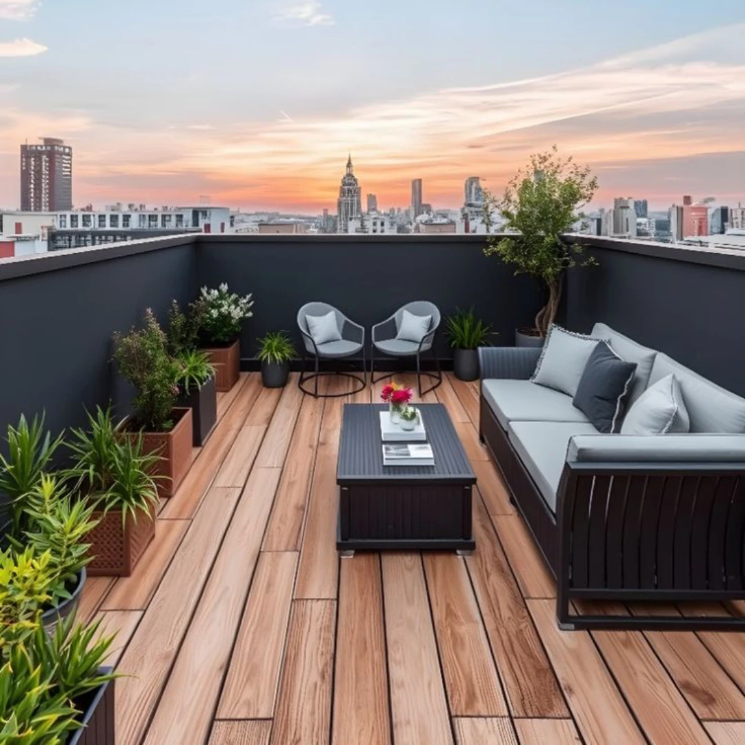 Rooftop Minimalis dengan Lantai Kayu dan Sofa Modern