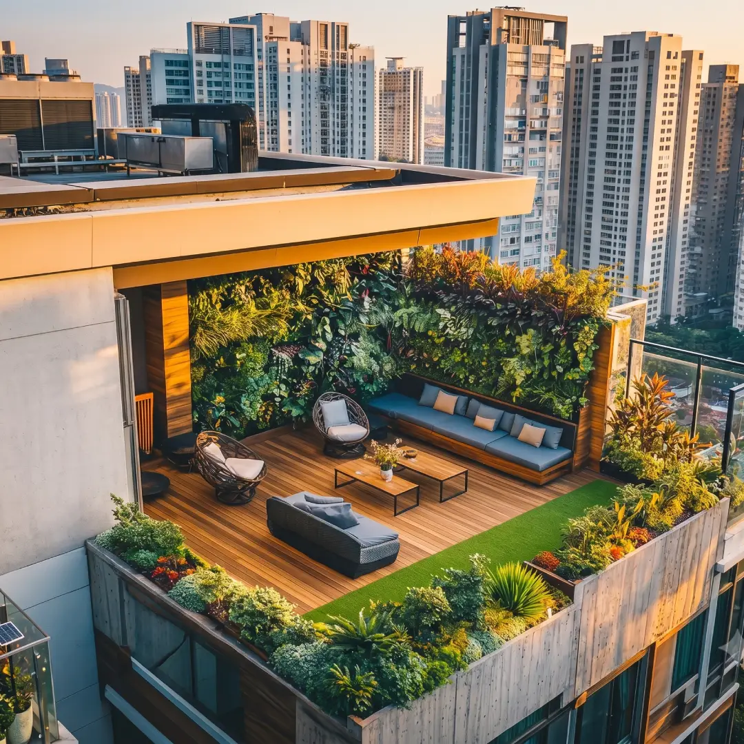 Model Rooftop Kayu dengan Tanaman Keliling