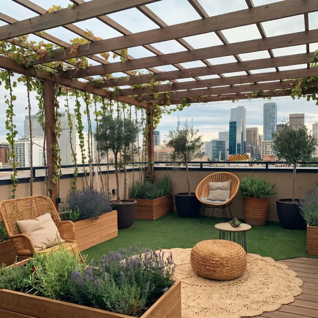 Rooftop dengan Furnitur Rotan dan Tanaman Rambat