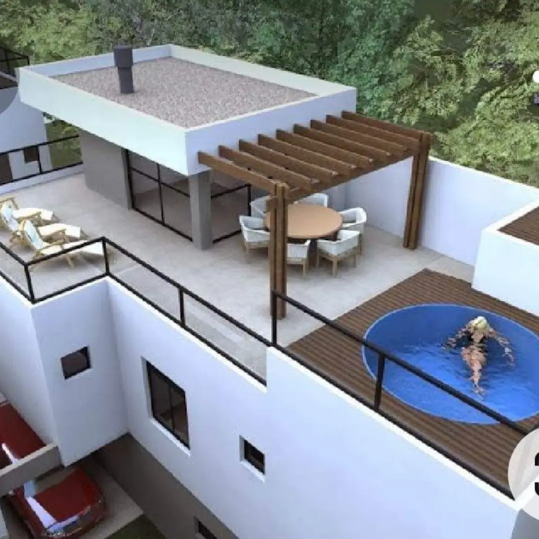 Rooftop dengan Kolam Renang Bulat dan Pergola Kayu
