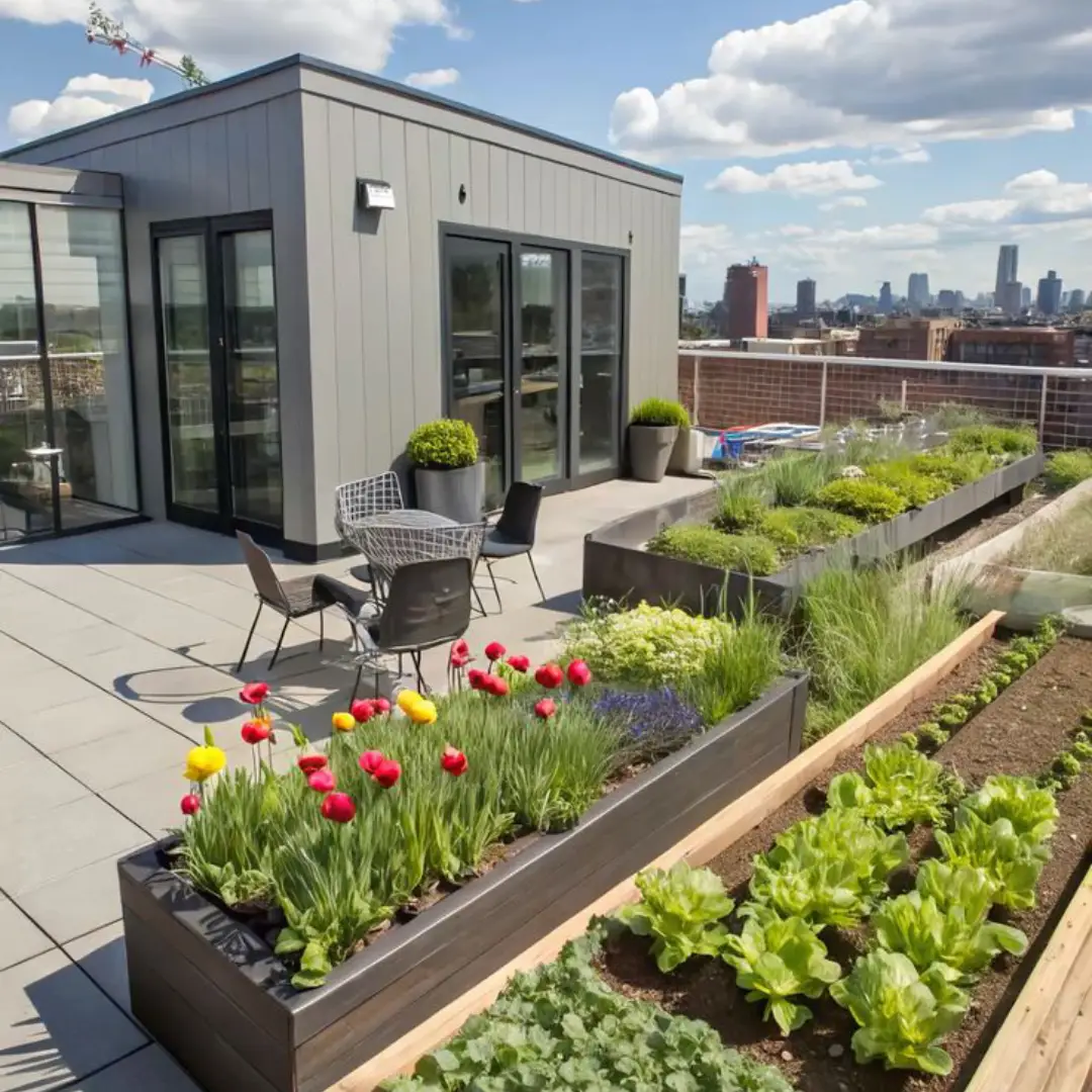 Rooftop dengan Pot Sayur dan Bunga