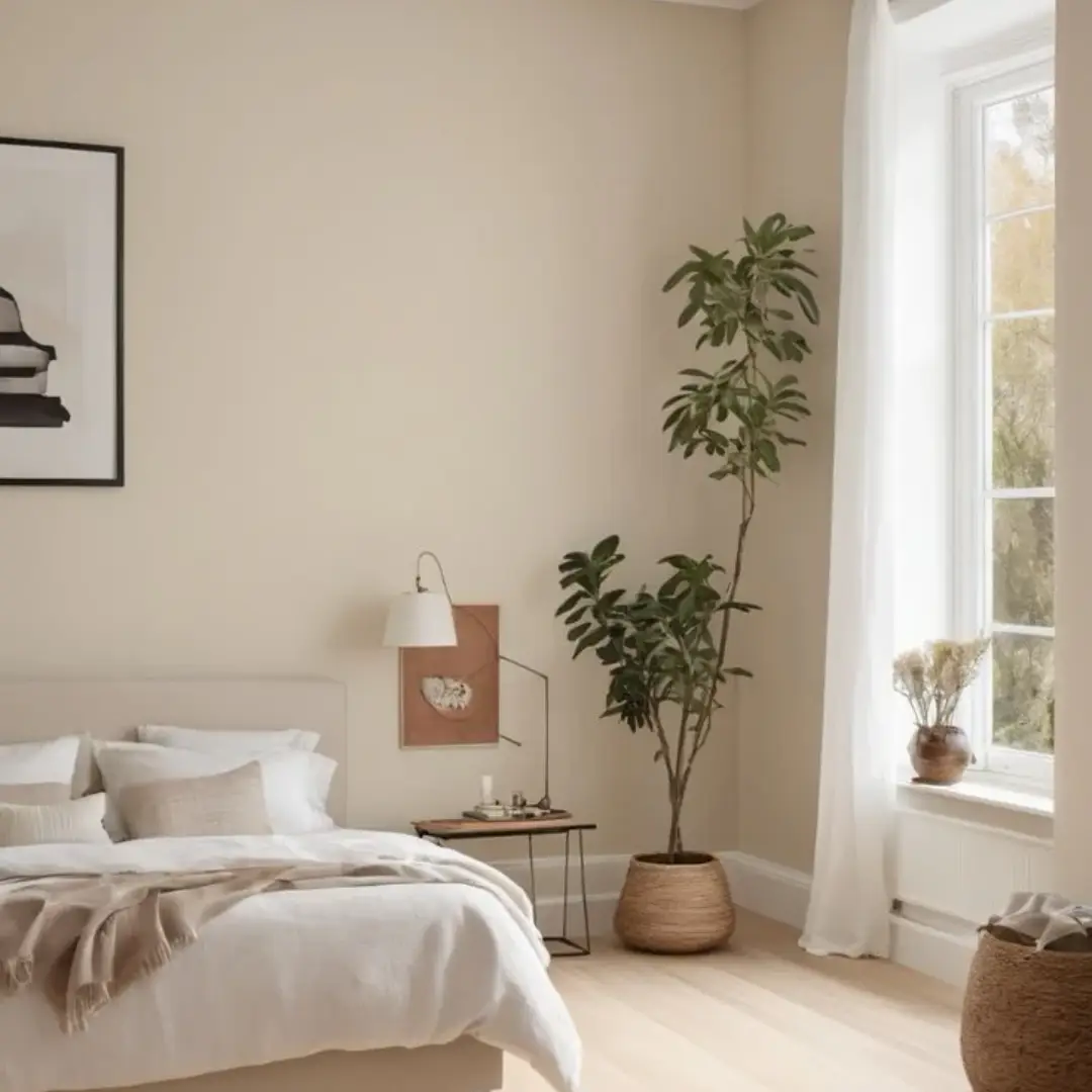Kamar Cat Cream Ivory dengan Lantai Kayu Terang