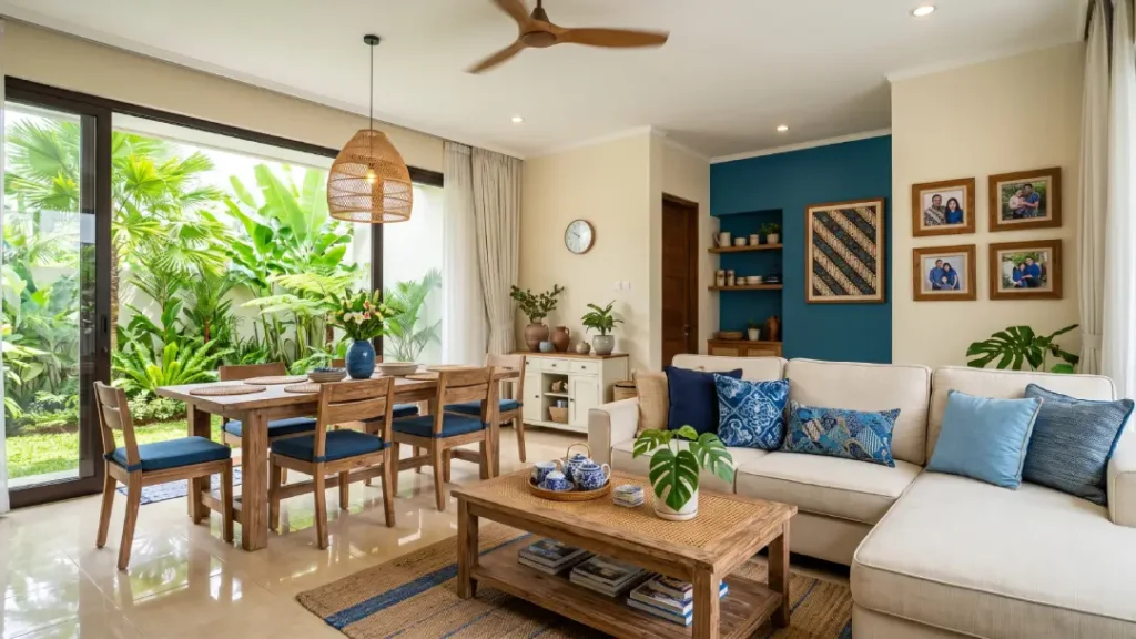 interior rumah perpaduan warna cream dan biru