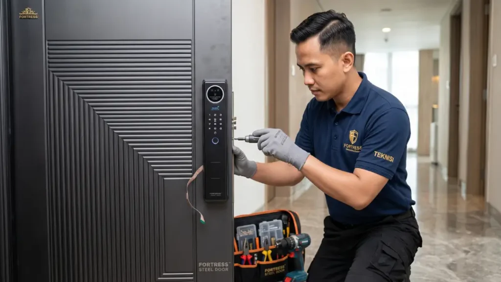 teknisi pasang kunci digital pada pintu baja merk fortress