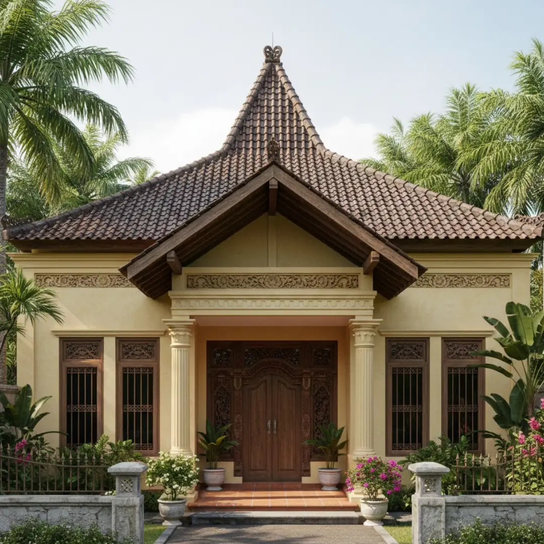 Fasad Rumah dengan Cat Cream Kuning Gaya Klasik