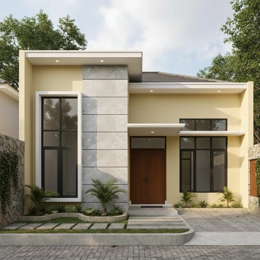 Fasad Rumah dengan Cat Cream Kuning Gaya Modern