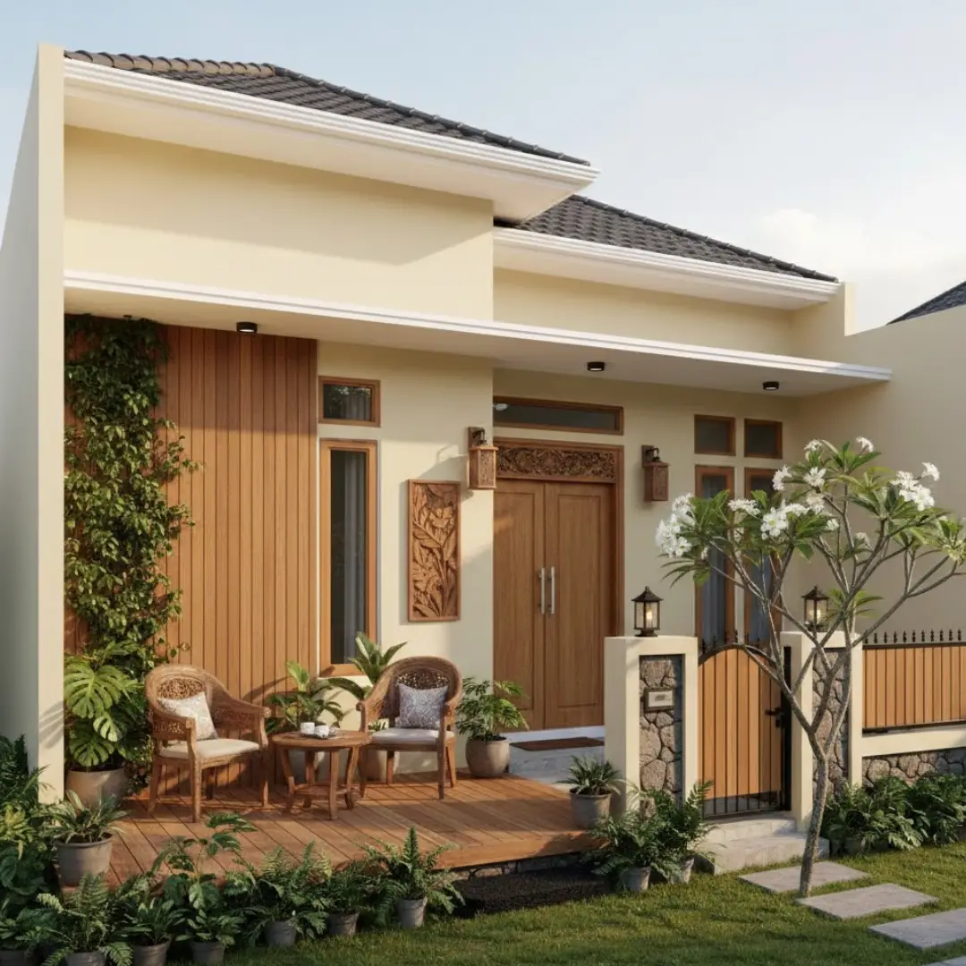 Fasad Rumah dengan Cat Cream Kuning Gaya Natural