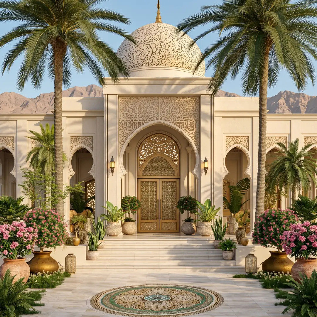Masjid Cream Beraksen Emas dengan Banyak Pepohonan Rimbun