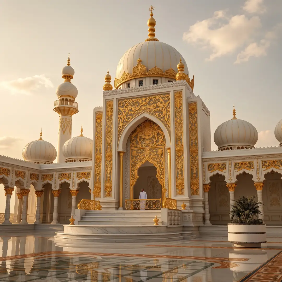 Masjid Warna Cream dengan Sentuhan Ukiran Emas