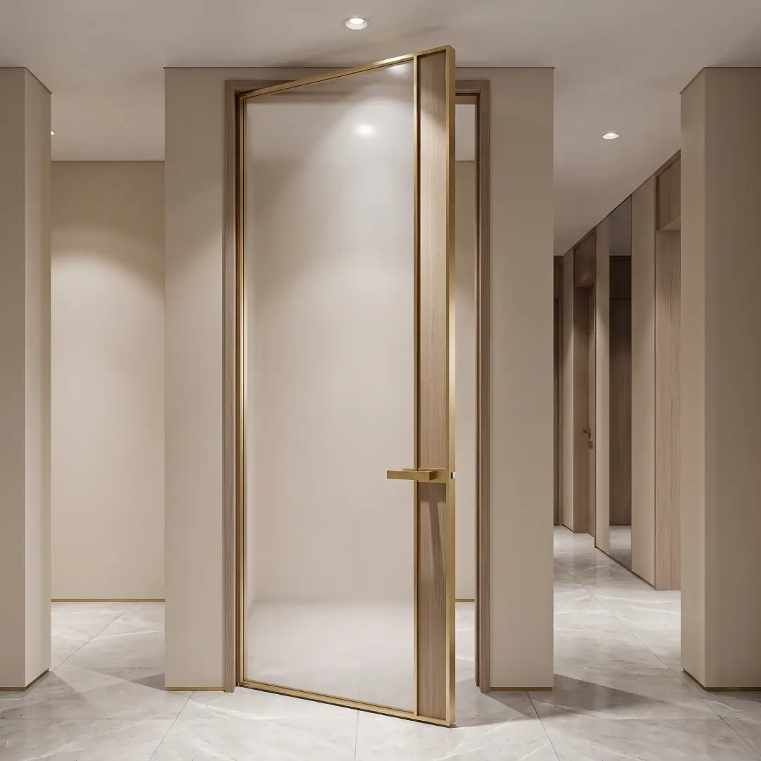 Pintu Kaca Full Plafon dengan List Emas Modern