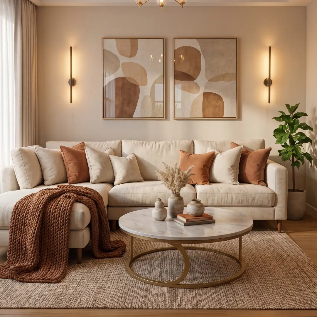 Sofa L dengan Bantal dan Selimut Warna Coklat