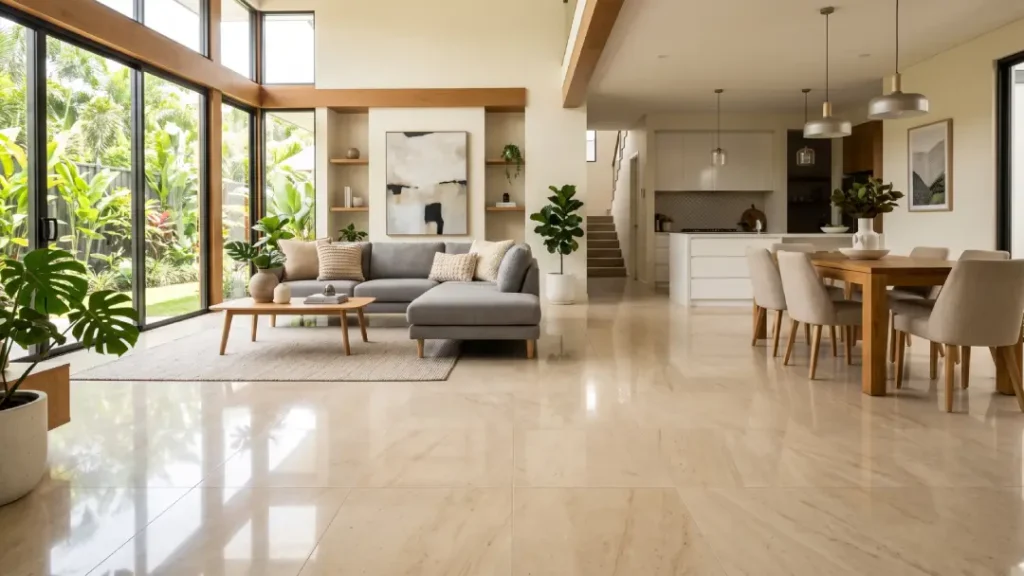 interior rumah dengan granit warna cream polos