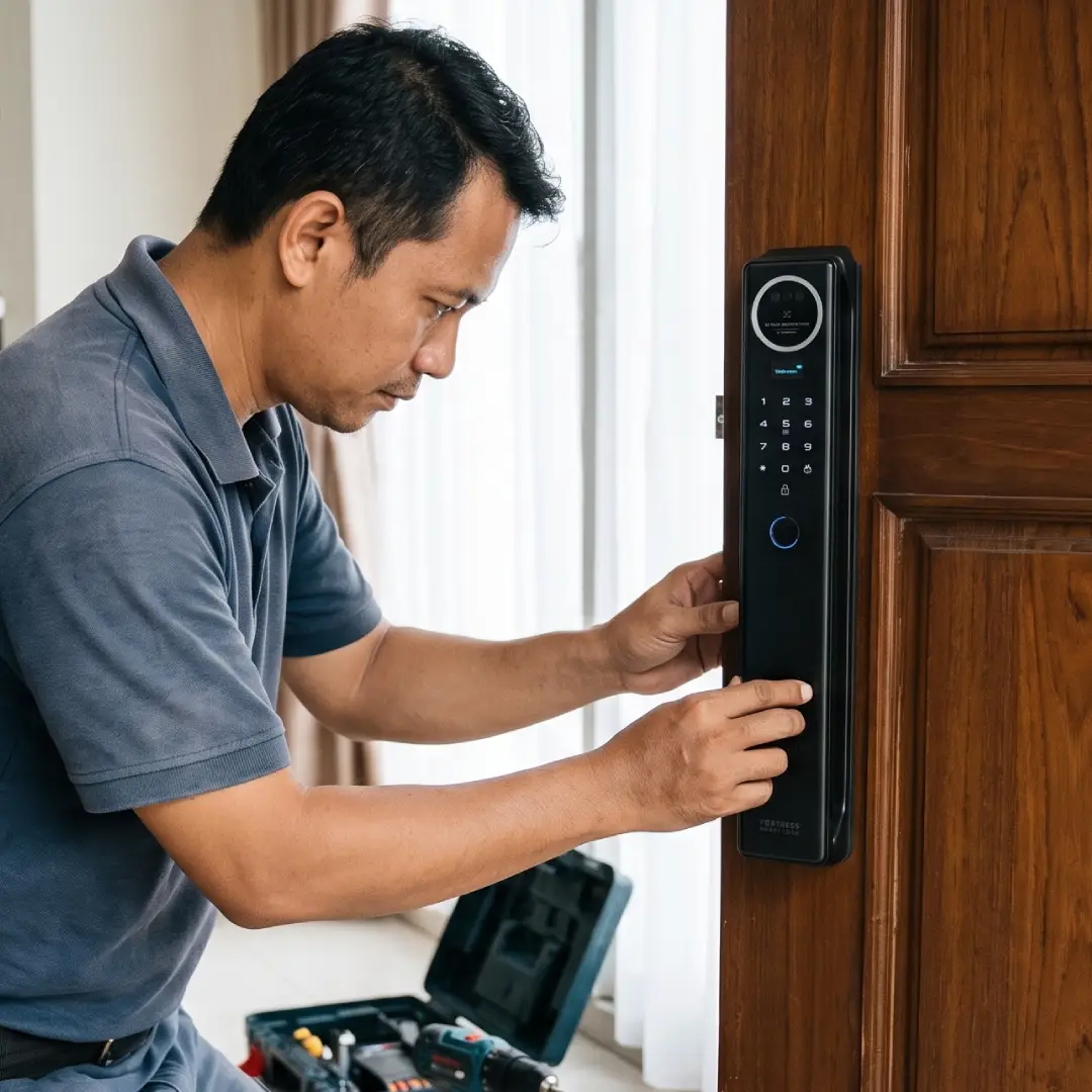 teknisi pasang smart door lock merk fortress