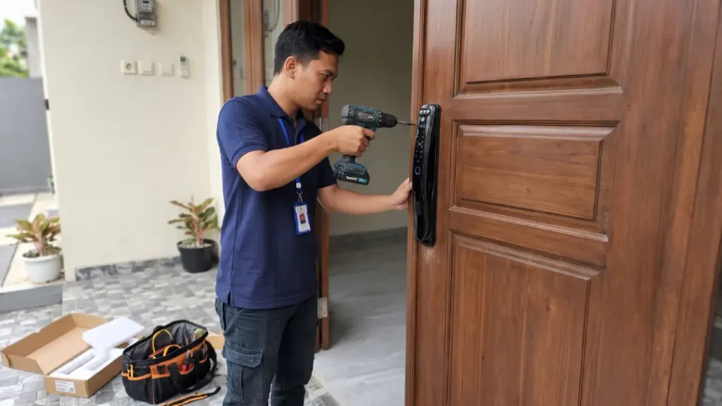 teknisi sedang pasang smart door lock