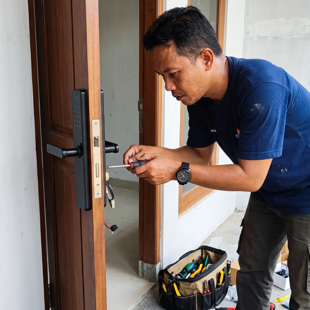 teknisi sedang pasang smart door lock fortress